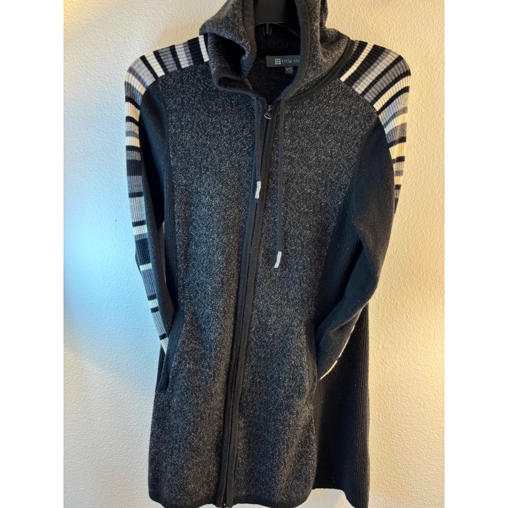 Title Nine Merino Wool Blend Full Zip Hooded Long Cardigan Sweater Gray Black XS